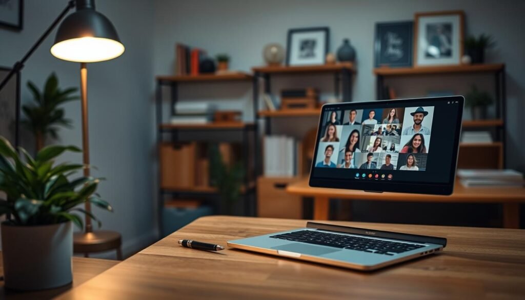 A cozy home office with a modern, minimalist design. In the foreground, a wooden desk with a laptop, pen, and plant. Soft, indirect lighting from a floor lamp casts a warm glow. The middle ground features a team video call on the laptop screen, with diverse faces engaged in a meeting. In the background, shelves display books, trinkets, and framed artwork, reflecting the manager's personal style and interests. The atmosphere is focused yet relaxed, conveying the collaborative nature of distributed team management. A sense of connection and productivity permeates the scene.