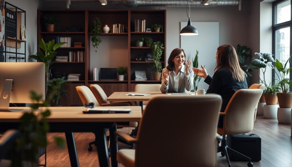 A cozy office setting with a desk, chairs, and a meeting table in the foreground. In the middle ground, two people engaged in a lively discussion, gesturing and making eye contact. The background features bookcases, potted plants, and warm lighting that creates a professional yet inviting atmosphere. The overall scene conveys the importance of in-person interactions and high-level evaluations beyond algorithmic assessments when making critical hiring decisions.