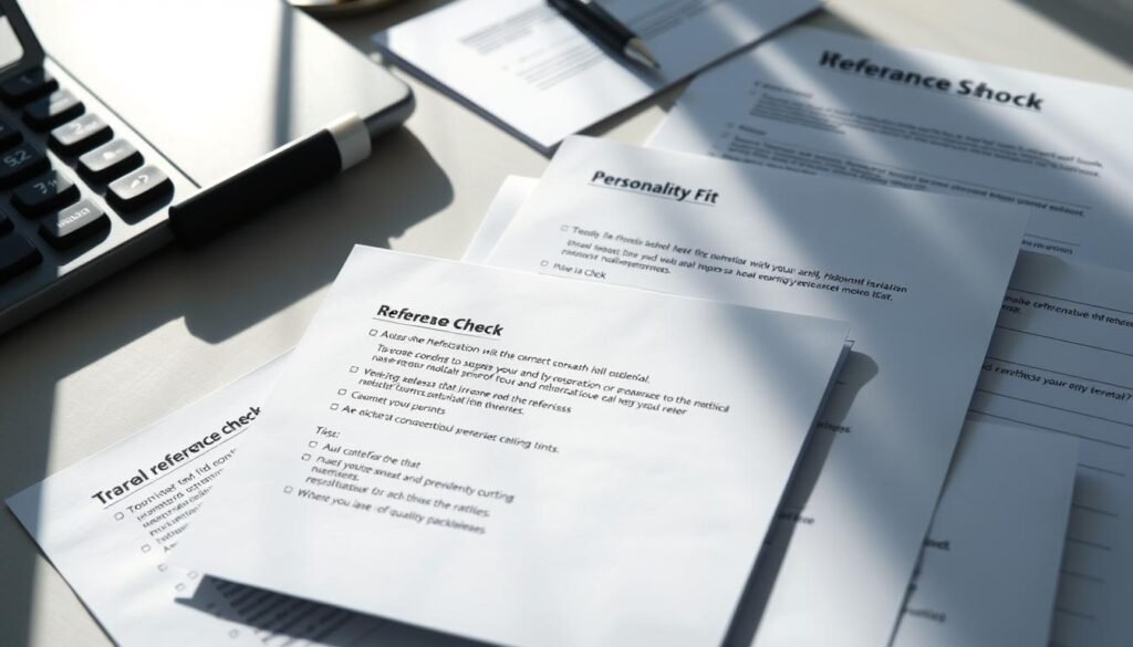 A crisp, well-lit close-up view of an executive's desk, featuring a neatly organized array of reference check questions printed on high-quality paper. The questions are divided into clear categories such as "Work History," "Skills and Expertise," and "Personality Fit." The lighting is soft and directional, casting subtle shadows that add depth and dimension to the scene. The desktop surface is clean and uncluttered, allowing the reference check materials to take center stage. The overall mood is professional, focused, and discreet, reflecting the confidential nature of the task at hand.