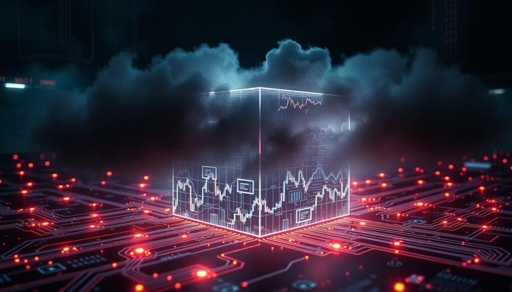 A data integrity risks concept image, featuring a 3D wireframe data cube surrounded by glowing circuit board traces and data flow visualizations. The cube is partially obscured by ominous dark clouds, symbolizing the dangers and challenges of responsibly integrating AI into financial forecasting. Dramatic lighting and a moody, futuristic atmosphere evoke a sense of unease and the need for ethical governance. The composition emphasizes the complexity and interconnectedness of data management, underscoring the importance of a thoughtful, measured approach to AI adoption.