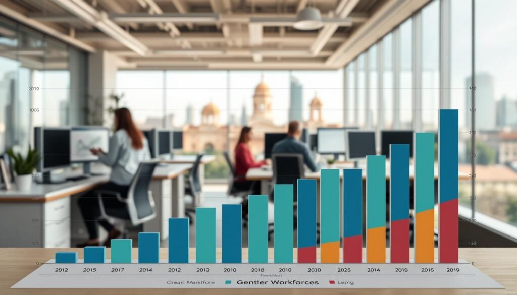 A detailed bar graph depicting gender data trends in the Colombian workforce. The foreground showcases a well-lit, high-resolution visualization with clear, minimalist infographic elements. The middle ground features a professional office setting, with desks, computers, and colleagues collaborating. The background subtly blends an authentic Colombian cityscape, with architectural landmarks and a warm, inviting atmosphere. The overall mood is one of data-driven insights, workplace equality, and social progress. Lighting is natural and diffused, creating depth and emphasizing the informative nature of the scene.