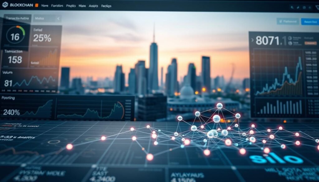 A detailed blockchain analytics dashboard with a sleek, minimalist user interface. In the foreground, a series of interactive charts and graphs displaying key metrics such as transaction volume, network activity, and wallet distribution. Subtle glowing lines and hexagons create a futuristic, technological atmosphere. The middle ground features a 3D model of a blockchain network, with nodes and connections pulsing with data. In the background, a cityscape of skyscrapers symbolizes the integration of blockchain into the modern financial landscape, bathed in a warm, ambient light. The overall mood conveys the power of blockchain analytics to provide deep insights and facilitate regulatory compliance.