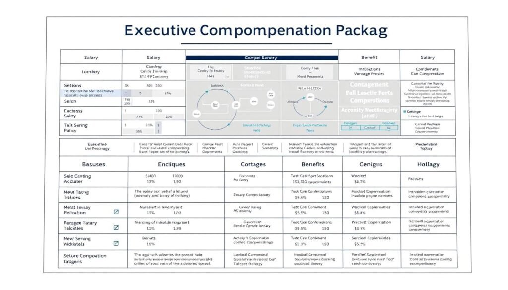 A detailed blueprint of a comprehensive executive compensation package, featuring a meticulously designed grid layout. In the foreground, a neatly organized arrangement of salary, bonuses, and various benefits, conveying a sense of structured financial planning. The middle ground showcases the overall package breakdown, using clean typography and minimalist icons to illustrate the key components. The background sets a professional tone with a subtle, monochromatic color scheme and a hint of geometric patterns, evoking a corporate, executive-level atmosphere. The image should convey a visually appealing, well-structured, and comprehensive depiction of an executive's total compensation plan.