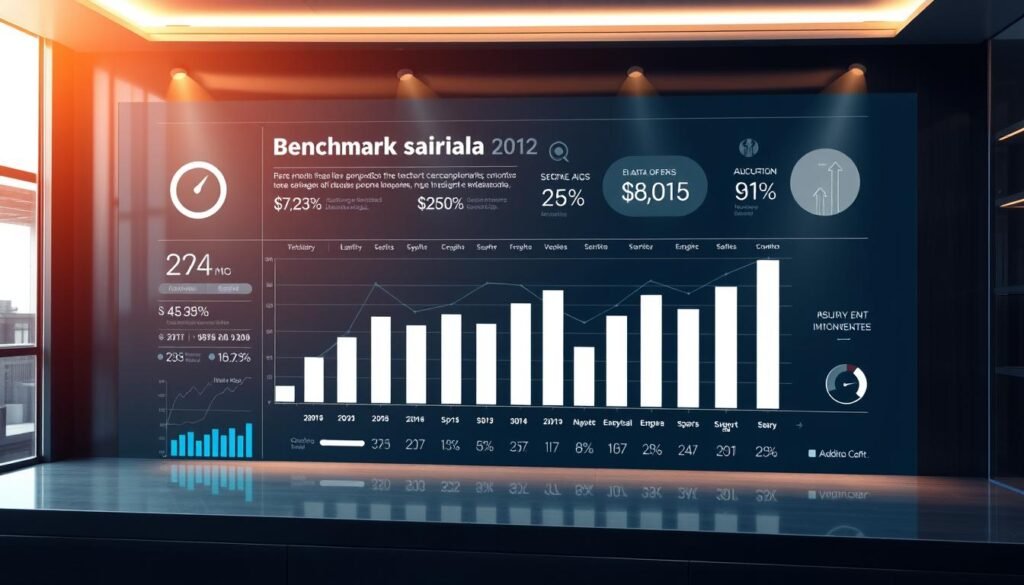 A detailed, data-driven visualization of "benchmark salarial", showcasing the key metrics and insights that inform executive compensation in Medellín's business landscape. Set against a sleek, modern backdrop, the image should feature an elegant bar chart or infographic displaying relevant salary data, company performance indicators, and industry benchmarks. The composition should convey a sense of analytical rigor, sophisticated design, and strategic decision-making. Lighting should be subtle yet impactful, with a balance of warm and cool tones to create depth and emphasize the data visualization. The overall mood should feel authoritative, insightful, and tailored to the needs of a headhunting audience seeking to understand the local executive compensation landscape.