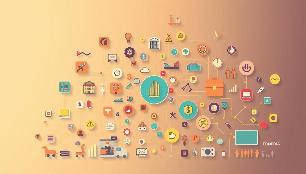 A detailed illustration of "cases of use by sector" in Colombia, showcasing the diverse industries of education, retail, healthcare, finance, and technology. The scene depicts vibrant, interconnected icons and symbols representing the key activities and services within each sector, arranged in a visually striking, infographic-style layout. The composition features a clean, minimalist aesthetic with a warm, muted color palette, balanced lighting, and a slight cinematic camera angle to create depth and emphasis. The overall mood is one of informative clarity, professional authority, and innovative enterprise. A detailed illustration of "cases of use by sector" in Colombia, showcasing the diverse industries of education, retail, healthcare, finance, and technology. The scene depicts vibrant, interconnected icons and symbols representing the key activities and services within each sector, arranged in a visually striking, infographic-style layout. The composition features a clean, minimalist aesthetic with a warm, muted color palette, balanced lighting, and a slight cinematic camera angle to create depth and emphasis. The overall mood is one of informative clarity, professional authority, and innovative enterprise.