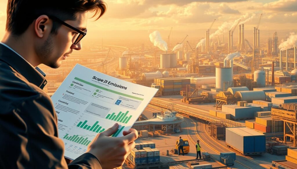 A detailed illustration of strategies to reduce emissions in the value chain. In the foreground, a company executive examines a detailed report on Scope 3 emissions. In the middle ground, workers implement sustainable practices across different stages of the supply chain, from raw material sourcing to product distribution. In the background, a cityscape with factories and transportation infrastructure, with visible emissions being reduced. The scene is lit by a warm, golden light, conveying a sense of progress and optimism around the company's decarbonization efforts. The overall composition emphasizes the interconnected nature of the value chain and the collective effort required to drive down emissions.
