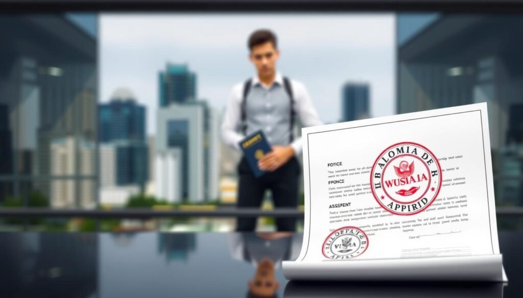 A detailed illustration of the work visa sponsorship process for hiring foreign employees in Colombia. In the foreground, an official government document with a stamp and seal, representing the application and approval process. In the middle ground, a person holding a passport and a document, symbolizing the employee undergoing the visa requirements. In the background, a cityscape of Bogotá with modern office buildings, conveying the professional context. The lighting is crisp and clean, with a slight depth of field to focus the viewer's attention. The overall mood is one of diligence, organization, and the step-by-step nature of the bureaucratic procedure.