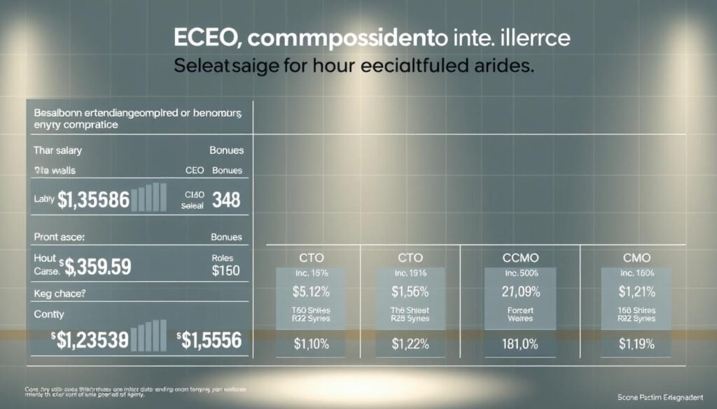 A detailed infographic depicting the breakdown of CEO compensation in medium-sized enterprises. The foreground showcases the CEO's salary, bonuses, and equity compensation in a clear, data-driven visualization. The middle ground features the comparative compensation of other C-suite roles, such as CFO, CTO, CMO, and COO, presented in a harmonious layout. The background offers a subtle, elegant setting, perhaps with faint gridlines or a professional, corporate atmosphere to reinforce the informative, analytical nature of the content. Lighting is crisp and modern, with a balanced, professional tone. The overall composition should convey authority, precision, and a thoughtful approach to executive compensation analysis.