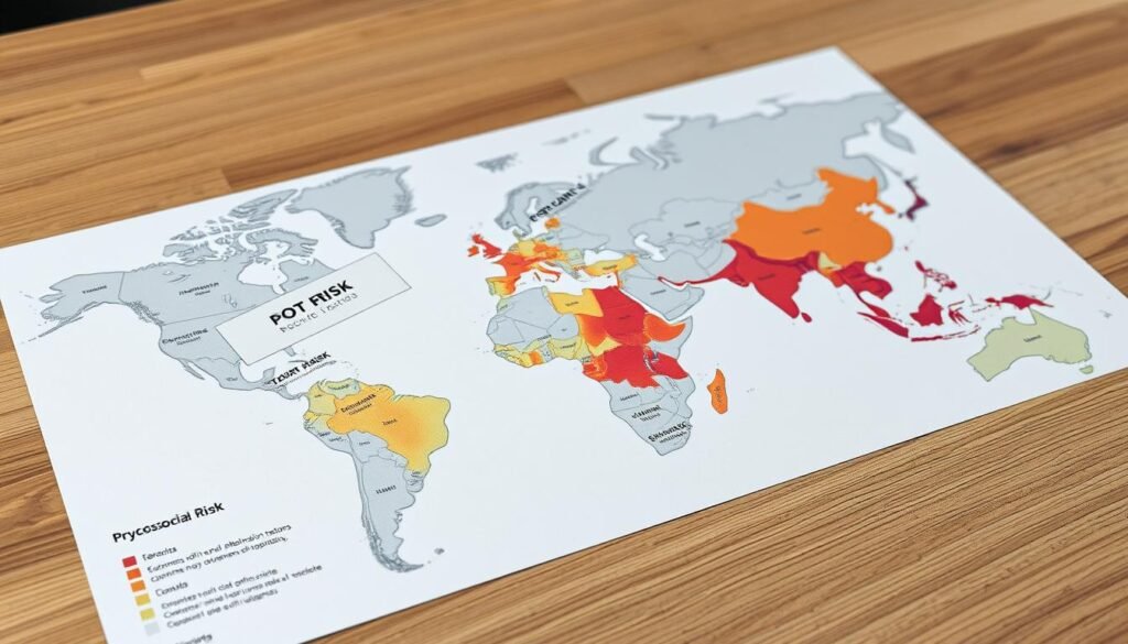 A detailed map depicting psychosocial risk factors for a professional team. The map shows various zones of risk, color-coded to indicate levels of stress, burnout, and other workplace challenges. Realistic textures and a muted color palette create a serious, analytical tone. The map is presented on a wooden table, with a modern, minimalist aesthetic that conveys expertise and authority. Soft, even lighting illuminates the scene, emphasizing the clarity and precision of the data visualization. The overall impression is one of a comprehensive, data-driven approach to addressing mental health and well-being in a corporate environment.