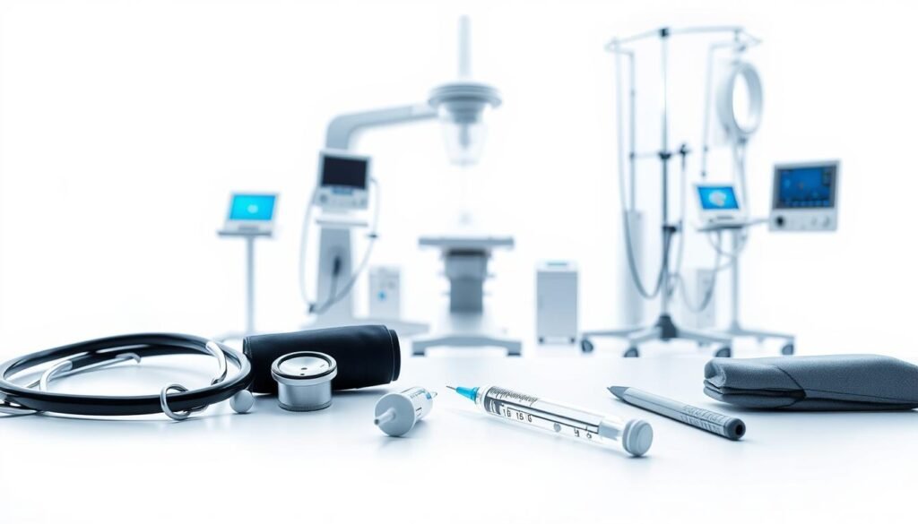 A detailed overhead view of medical devices against a clean, sterile white backdrop. In the foreground, a selection of essential tools: a stethoscope, a syringe, a thermometer, and a blood pressure cuff, all arranged with precision. In the middle ground, larger devices like an X-ray machine and an IV stand, illuminated by soft, even lighting that emphasizes their technical complexity. In the background, a hint of other specialized equipment, creating a sense of a well-equipped medical facility. The overall scene conveys a sense of professionalism, order, and the importance of regulatory compliance in the medical devices sector. A detailed overhead view of medical devices against a clean, sterile white backdrop. In the foreground, a selection of essential tools: a stethoscope, a syringe, a thermometer, and a blood pressure cuff, all arranged with precision. In the middle ground, larger devices like an X-ray machine and an IV stand, illuminated by soft, even lighting that emphasizes their technical complexity. In the background, a hint of other specialized equipment, creating a sense of a well-equipped medical facility. The overall scene conveys a sense of professionalism, order, and the importance of regulatory compliance in the medical devices sector.
