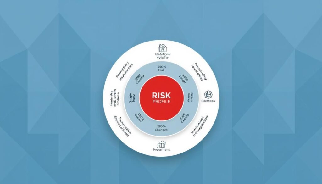 A detailed risk profile diagram depicted in a clean, corporate style. In the foreground, a series of concentric circles representing different risk levels, with a central red zone indicating high-risk areas. In the middle ground, a set of icons symbolizing various risk factors such as market volatility, regulatory changes, and operational challenges. The background features a minimalist geometric pattern in shades of blue and gray, conveying a sense of analytical precision and strategic planning. The overall composition should communicate a balanced, data-driven approach to understanding and managing risks, suitable for the "Pros and Cons of a Branch vs Subsidiary in Colombia" article.