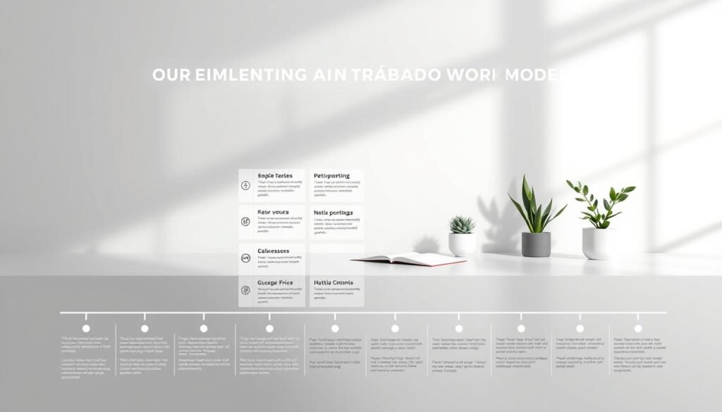 A detailed roadmap for implementing an effective hybrid work model, showcasing a clean and minimalist design. The foreground features a grid layout of icons and infographics, representing key steps and considerations for the transition. The middle ground displays a clean workspace with a laptop, notebook, and strategically placed plants, conveying a sense of productivity and balance. The background is a muted, gradient-based environment, creating a calm and focused atmosphere. Soft, directional lighting accentuates the professional and modern aesthetic. The overall composition aims to provide a visually appealing and informative illustration of the "hoja ruta trabajo híbrido" concept.