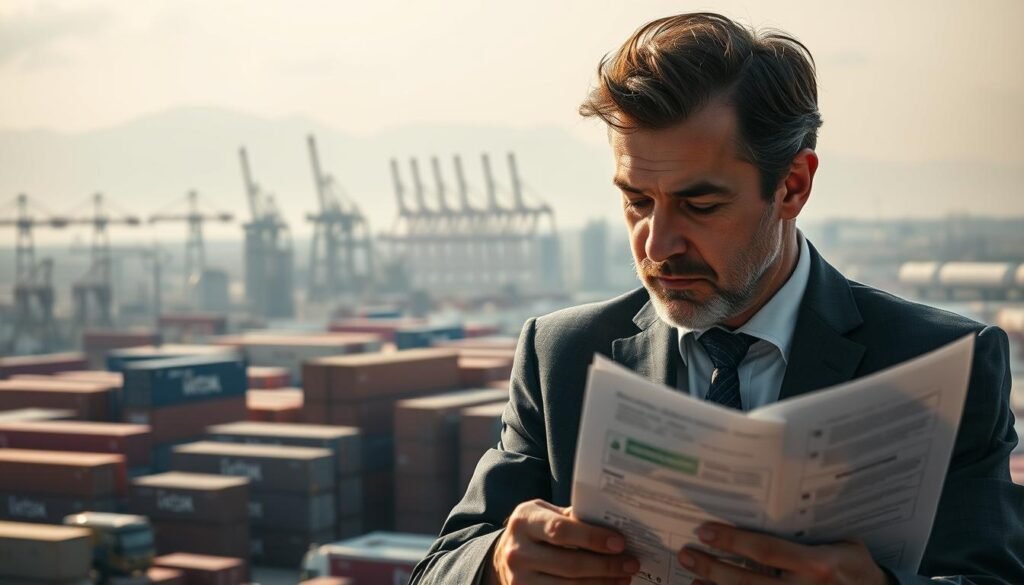 A detailed scene depicting the critical challenges of tariff compliance for supply chain directors in the USMCA corridor. In the foreground, a businessperson navigates a complex web of documents, regulations, and calculations, brow furrowed in concentration. The middle ground shows stacks of paperwork, shipping containers, and freight trucks, symbolizing the logistical intricacies. In the background, a hazy skyline with industrial silhouettes conveys the broader economic and geopolitical context. Dramatic lighting casts shadows, heightening the sense of gravity and importance. The overall mood is one of careful deliberation and strategic problem-solving amidst the demands of tariff compliance.