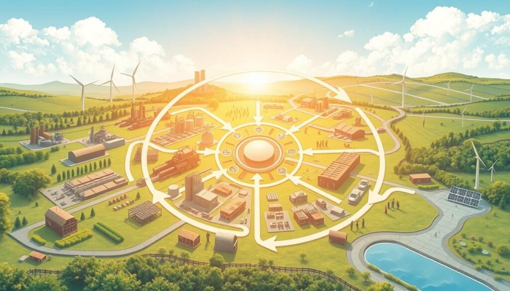 A detailed, technical illustration of a circular value chain. In the foreground, a central hub with various industrial processes interconnected by flowing arrows. In the middle ground, workers engaged in different stages of the cycle - harvesting, manufacturing, distribution, recycling. In the background, a verdant landscape with renewable energy sources like wind turbines and solar panels. Bright, warm lighting from multiple angles highlights the interconnectedness and sustainability of the system. Rendered in a clean, technical style with an emphasis on the flow of materials and energy throughout the chain.