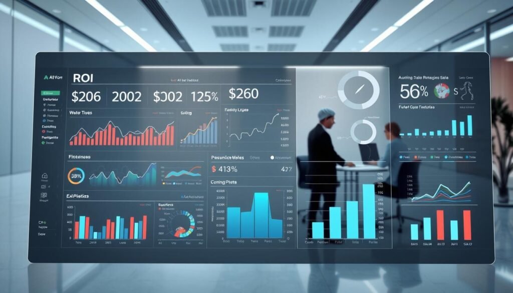 A detailed visualization of ROI (Return on Investment) and sales performance metrics. In the foreground, a sleek, modern dashboard displays key data visualizations, charts, and graphs showcasing sales figures, revenue trends, and ROI calculations. In the middle ground, a team of sales agents aided by AI assistants collaborate on strategies, analyzing the data to drive informed business decisions. The background features a minimalist, futuristic office setting with clean lines, neutral tones, and subtle lighting that enhances the professional, data-driven atmosphere. The overall composition conveys the expertise, precision, and optimization of a sales strategy powered by AI-assisted insights.