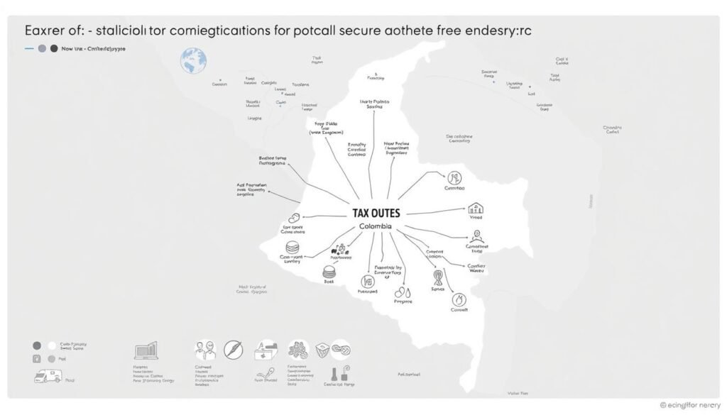 A detailed, visually rich map of tax obligations for different business types in Colombia, rendered in a clean, informative style. In the foreground, a central diagram showcases the core tax duties, connected by precise lines and shapes. The middle ground features detailed illustrations of various enterprise categories, each with its own distinct visual identity. The background depicts the geographical layout of Colombia, with state boundaries and major cities subtly emphasized. The overall composition strikes a balance between analytical clarity and aesthetic appeal, guiding the viewer through the complex landscape of tax obligations.