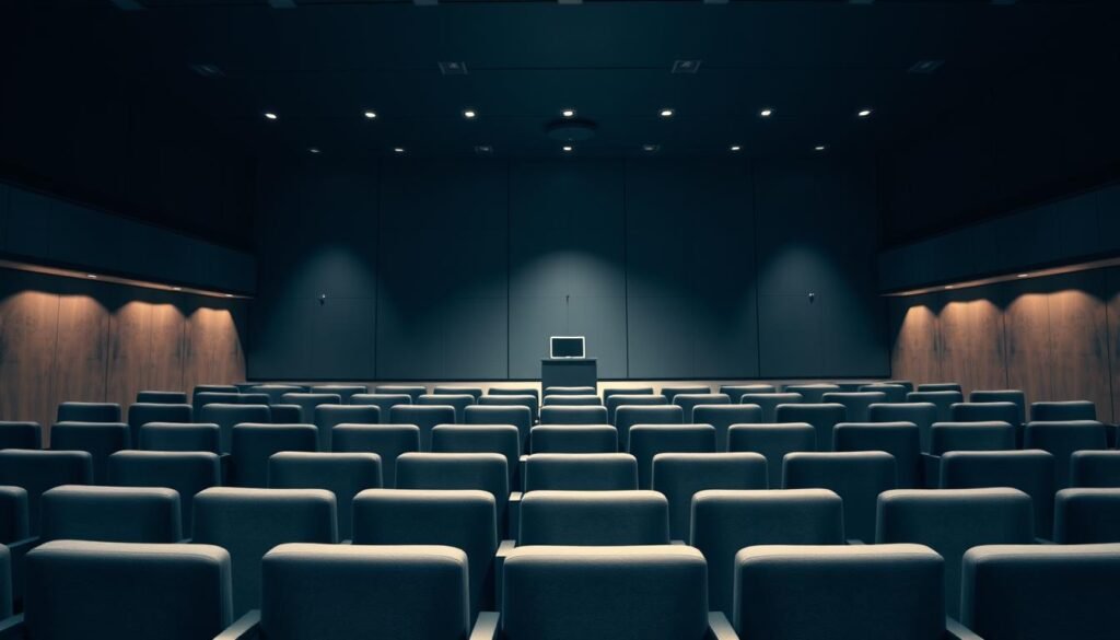 A dimly lit auditorium, its sleek modern interior bathed in soft, indirect lighting. Rows of plush, upholstered seats face a raised stage, where a lone laptop rests on a simple podium. The atmosphere is one of contemplation, as if the space is primed for a meticulous examination of digital systems and data privacy protocols. Subtle shadows creep along the walls, hinting at the depth of the technical scrutiny to come. The scene conveys a sense of professionalism and diligence, with a palpable focus on ensuring the ethical and secure handling of sensitive information.