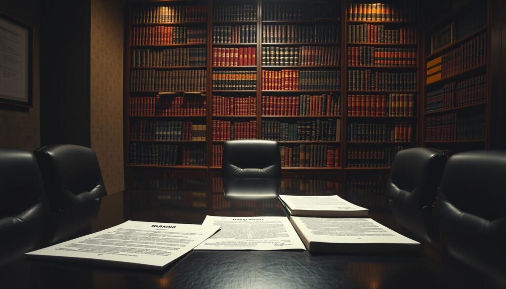 A dimly lit conference room, the air heavy with a sense of accountability. On the table, an array of disciplinary measures - a warning letter, a performance improvement plan, and a final written notice. The lighting casts dramatic shadows, conveying the gravity of the situation. In the background, a towering bookshelf filled with legal tomes and HR manuals, symbolizing the institutional framework that governs these corrective actions. The scene exudes an atmosphere of professionalism and seriousness, reflecting the section title "Medidas disciplinarias y correctivas proporcionales al caso".