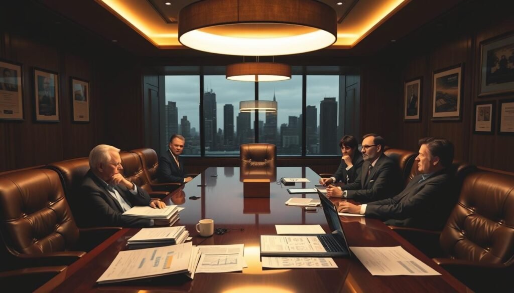 A dimly lit corporate boardroom, with a long polished mahogany table and plush leather chairs. Overhead, a modern pendant light casts a warm glow, illuminating stacks of financial reports and a laptop displaying detailed spreadsheets. In the foreground, several executives sit intently, engaged in a discussion, their expressions serious and focused. The walls are adorned with framed certificates and awards, hinting at the company's history and success. Through the windows, the silhouettes of skyscrapers can be seen, suggesting the urban setting. The overall atmosphere is one of diligence, responsibility, and the weight of important decisions being made.
