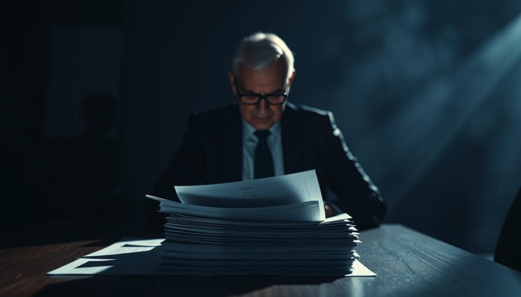 A dimly lit corporate office, with a large desk in the foreground. On the desk, a stack of resumes and documents, casting long shadows. In the middle ground, a senior executive scrutinizing the documents, a pensive expression on their face. The background is hazy, with a sense of unease and uncertainty. The lighting is dramatic, creating a chiaroscuro effect, emphasizing the weight of the decision-making process. The overall mood is one of caution and vigilance, reflecting the theme of "Riesgos, red flags y cómo decidir con evidencia".