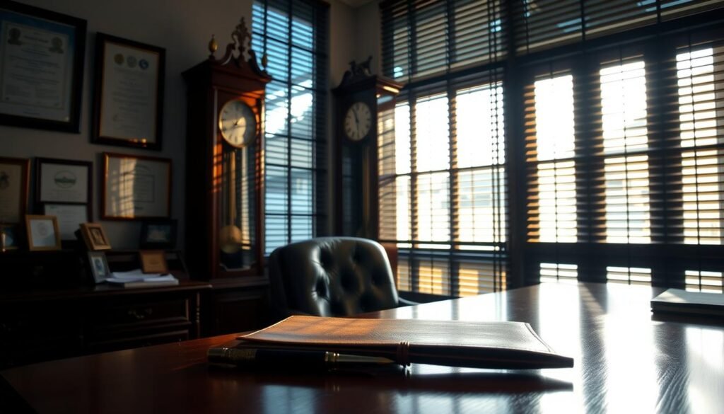 A dimly lit executive office in Medellín, Colombia. Sunlight filters through venetian blinds, casting warm shadows across the polished mahogany desk. An elegant grandfather clock stands in the corner, its pendulum swinging rhythmically, keeping time. The walls are adorned with framed certificates and prestigious awards, conveying a sense of authority and accomplishment. In the foreground, a leather-bound journal and a silver fountain pen lie atop the desk, hinting at the important work that takes place here. The overall atmosphere is one of quiet professionalism and thoughtful decision-making, capturing the essence of the executive search for a new leader in this vibrant city.