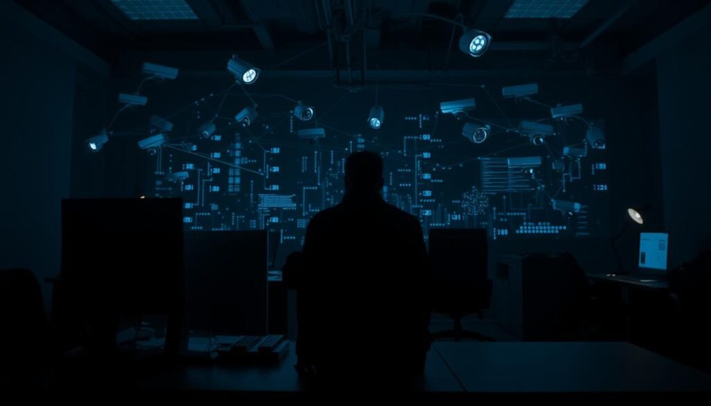A dimly lit office setting, with a desk, computer monitor, and office chair in the foreground. The middle ground features a shadowy figure, seemingly observing the workspace with a sense of unease. In the background, a web of surveillance cameras and data streams creates an unsettling atmosphere, highlighting the tension between privacy, worker well-being, and the increasing use of AI-driven monitoring. The lighting is moody, casting deep shadows and emphasizing the sense of surveillance and control. The overall scene conveys the complex interplay between technology, privacy, and the modern workplace.