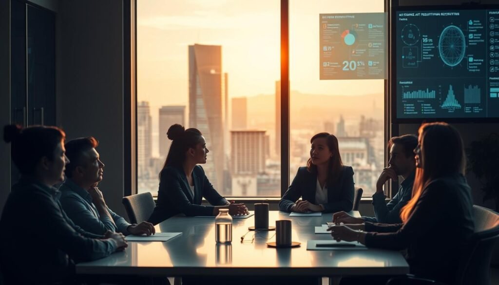 A dimly lit office setting, with a strong focus on a recruitment team meeting. In the foreground, a group of diverse professionals sitting around a sleek conference table, their faces thoughtful and engaged as they discuss the challenges of hiring in the digital age. The middle ground features a large window overlooking a bustling city skyline, casting a warm, natural light across the scene. In the background, a wall-mounted display showcases data visualizations and AI-powered recruitment tools, hinting at the technological advancements transforming the industry. The overall mood is one of contemplation and consideration, as the team navigates the ethical implications and potential biases inherent in leveraging artificial intelligence for hiring decisions.