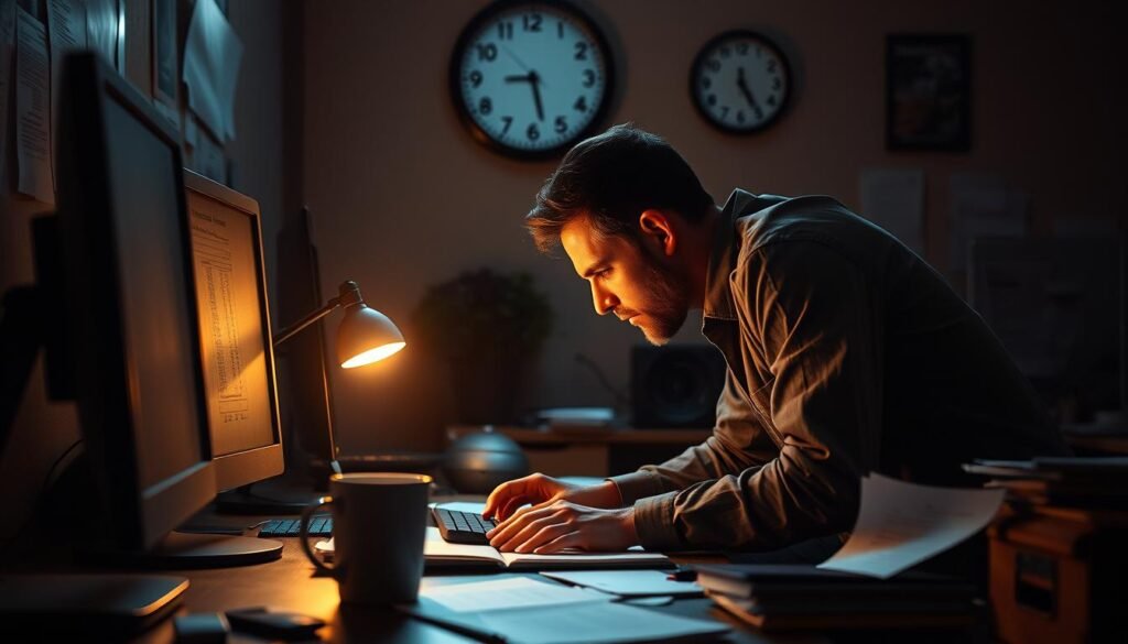 A dimly lit office space, the glow of computer screens casting a soft hue over the scene. A lone employee, hunched over their desk, surrounded by scattered papers and a half-empty mug of coffee. The clock on the wall reads well past midnight, casting long shadows that stretch across the room. Soft, warm lighting from a desk lamp illuminates the determined expression on the worker's face, as they type furiously, caught in the throes of overtime. The atmosphere is one of quiet intensity, a sense of dedication and perseverance in the face of long hours and mounting deadlines.