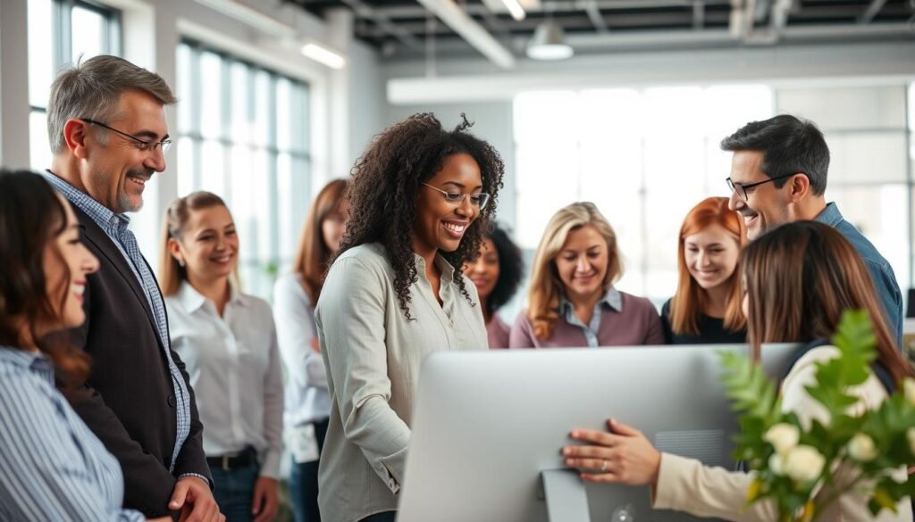 A diverse group of individuals from multiple generations collaborating in a modern, well-lit office environment. In the foreground, a group of professionals engrossed in an animated discussion, their facial expressions and body language conveying an atmosphere of open communication and mutual understanding. The middle ground features a mix of younger and older employees working together on shared digital displays, fostering a sense of cross-generational learning and knowledge transfer. The background showcases a spacious, airy workspace with large windows, allowing natural light to flood the scene and create a bright, inviting atmosphere conducive to productive collaboration.