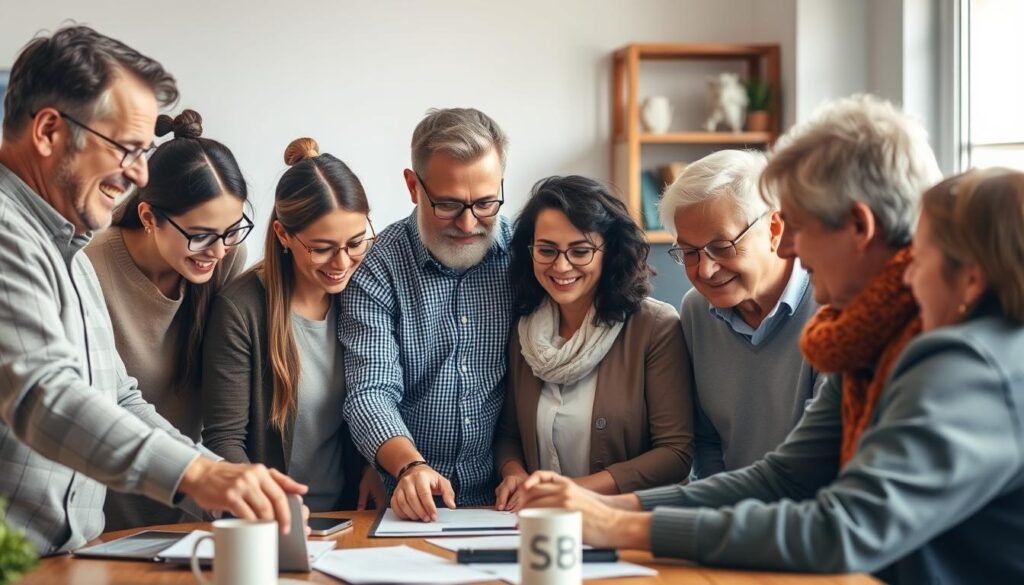 A diverse group of people from different generations, spanning young to old, collaborating in a warm and inclusive workspace. The scene depicts an intergenerational team working together on a project, with a sense of mutual respect, knowledge sharing, and synergy. The lighting is soft and natural, creating a welcoming atmosphere. The composition features a balance of individual focus and group interaction, captured through a medium-wide angle lens. The overall mood conveys the practical and harmonious nature of managing a multi-generational workforce.