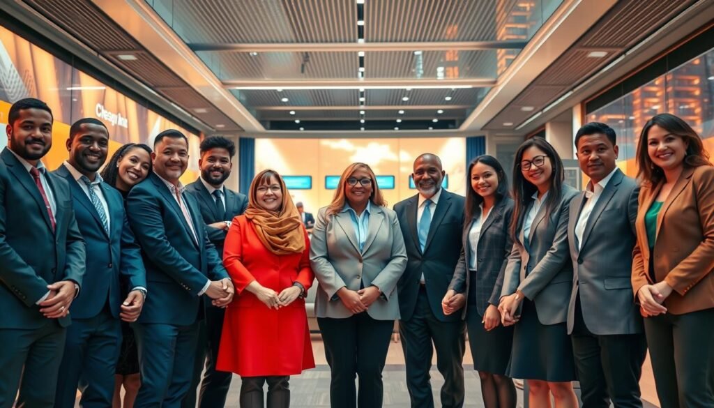 A diverse group of people from various backgrounds standing together, hands linked, in a vibrant, inclusive financial environment. The foreground features a mix of individuals of different ages, ethnicities, and abilities, all dressed in professional attire, symbolizing the unity and equal access to financial services. The middle ground showcases a modern, technology-driven financial center, with sleek architecture, digital screens, and a sense of innovation. The background depicts a cityscape, representing the broader societal impact of financial inclusion. The lighting is warm and inviting, creating a mood of collaboration, progress, and a shared sense of purpose.