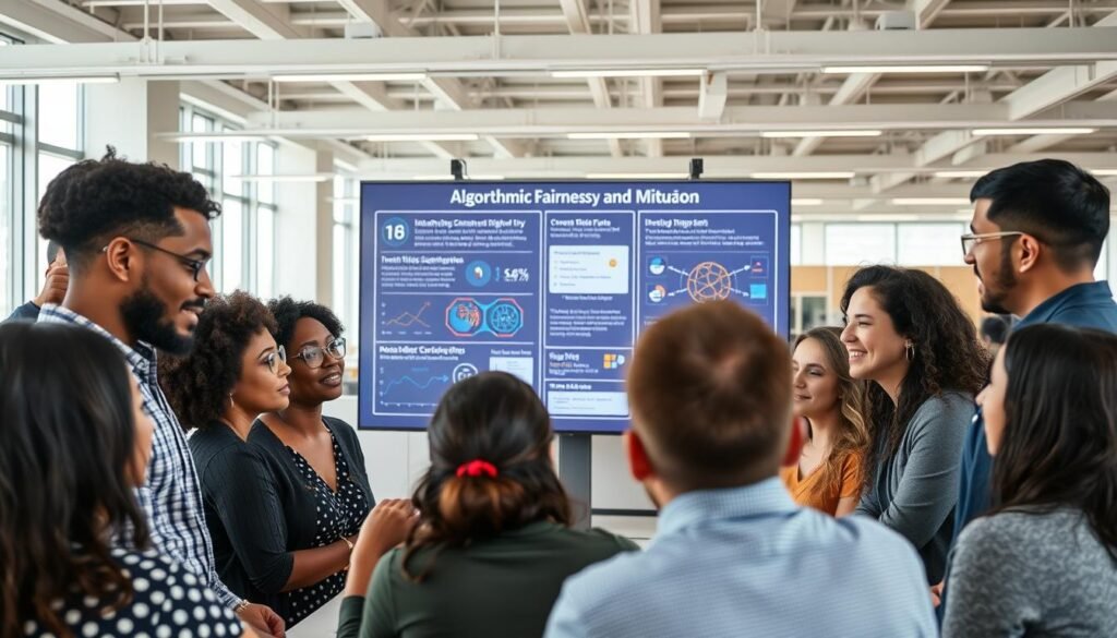 A diverse group of people working collaboratively in a well-lit office setting, focused on a large interactive display illustrating concepts of algorithmic fairness and bias mitigation. The foreground features individuals from various backgrounds engaged in animated discussion, their facial expressions conveying thoughtfulness and concern. In the middle ground, the display shows visualizations and data representations related to identifying and addressing biases in AI systems. The background depicts an airy, modern workspace with ample natural lighting, suggesting an atmosphere of innovation and progress. The overall mood is one of purposeful, solution-oriented exploration of the challenges of equitable AI development.