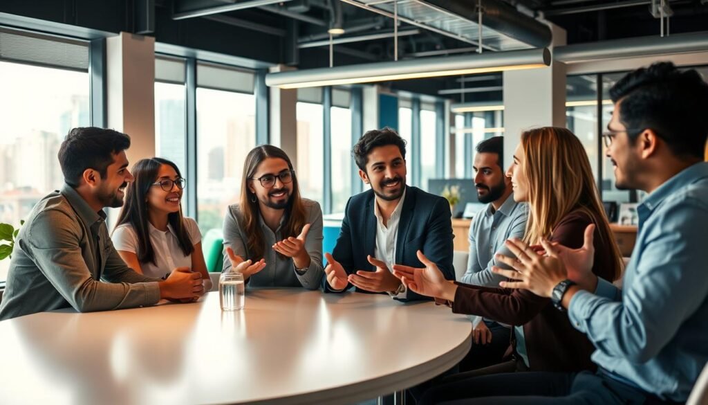 A diverse group of professionals engaged in animated discussion, set against the backdrop of a vibrant Colombian office environment. The foreground features a round table where colleagues lean in, gesturing expressively as they exchange ideas. Warm, directional lighting casts a soft glow, creating an atmosphere of open and constructive dialogue. The middle ground showcases modern, minimalist decor with pops of color that reflect the company's creative culture. In the background, large windows offer glimpses of a bustling cityscape, symbolizing the global connections integral to the business. An overall sense of collaboration, transparency and mutual understanding permeates the scene.