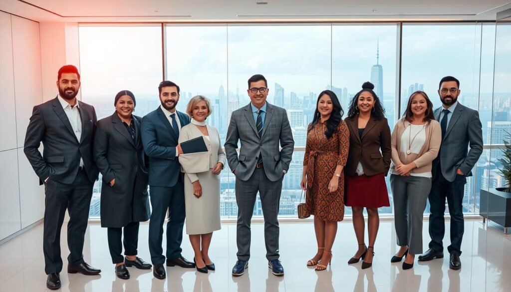 A diverse team of leaders standing shoulder-to-shoulder, their faces reflecting a harmonious blend of cultures. In the foreground, a warm spotlight illuminates their purposeful expressions, conveying a sense of unity and shared vision. The mid-ground features a sleek, modern office setting, with minimalist decor and clean lines, symbolizing efficiency and professionalism. In the background, a panoramic view of bustling cityscapes from around the world, representing the global reach and interconnectedness of the organization. The overall mood is one of collaborative leadership, where communication and cultural understanding are the cornerstones of success.