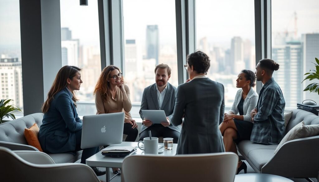 A diverse team of professionals collaborating in a modern, well-lit office space. In the foreground, a group of people - representing different ages, genders, and ethnicities - engaged in a meeting, discussing recruitment processes and algorithms aimed at reducing bias. The middle ground showcases sleek, minimalist furniture and equipment, creating an atmosphere of innovation and forward-thinking. The background features large windows overlooking a bustling city skyline, symbolizing a broader societal context for this endeavor. The overall scene conveys a sense of purpose, inclusivity, and a commitment to building a more equitable and representative leadership landscape.