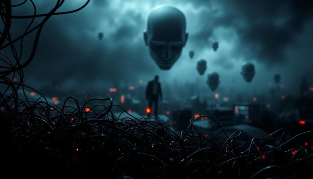 A dramatic, high-contrast scene of software risks and vulnerabilities. In the foreground, a tangled web of algorithms, data flows, and technological dependencies. In the middle ground, ominous shadows and glitches hint at hidden biases and system failures. The background is a blurred, unsettling landscape of AI-driven uncertainty and the looming specter of vendor lock-in. Dramatic lighting casts an ominous glow, creating a sense of unease and the need for vigilance. The overall atmosphere is one of complexity, fragility, and the critical importance of addressing software risks.