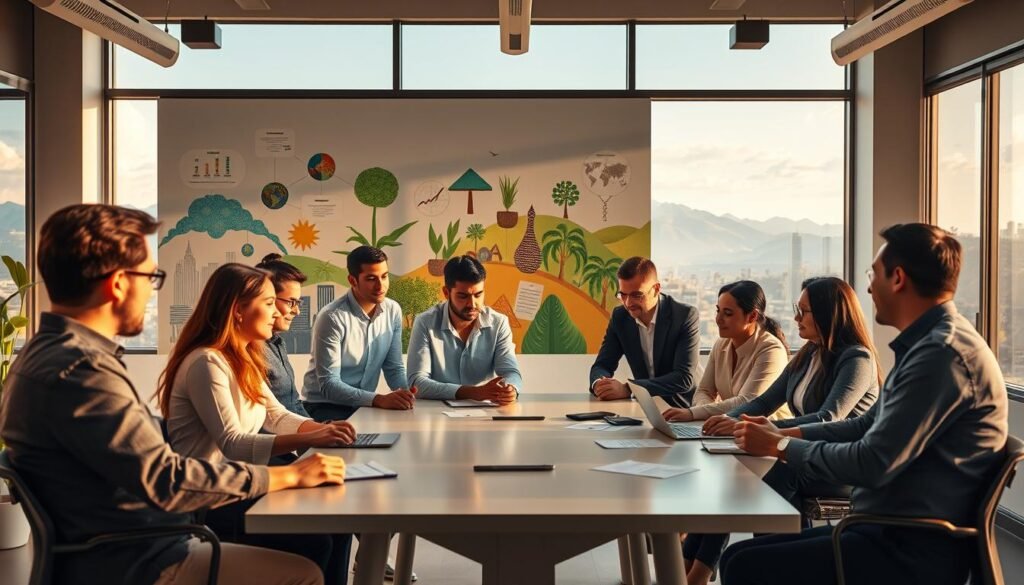 A dynamic and collaborative scene showcasing diverse professional teams in Colombia, emphasizing various sectors such as technology, finance, environment, and education. In the foreground, display a group of executive coaches and clients engaged in a brainstorming session, seated around a modern conference table. The middle ground features a wall with vibrant visuals representing each sector, such as an IT network for tech, green plants for environmental initiatives, and charts for finance. In the background, large windows reveal the Colombian landscape with lush mountains and clear skies. Use warm, natural lighting to create a welcoming atmosphere, captured from a slightly elevated angle to convey depth. The overall mood is one of collaboration, transformation, and professionalism.