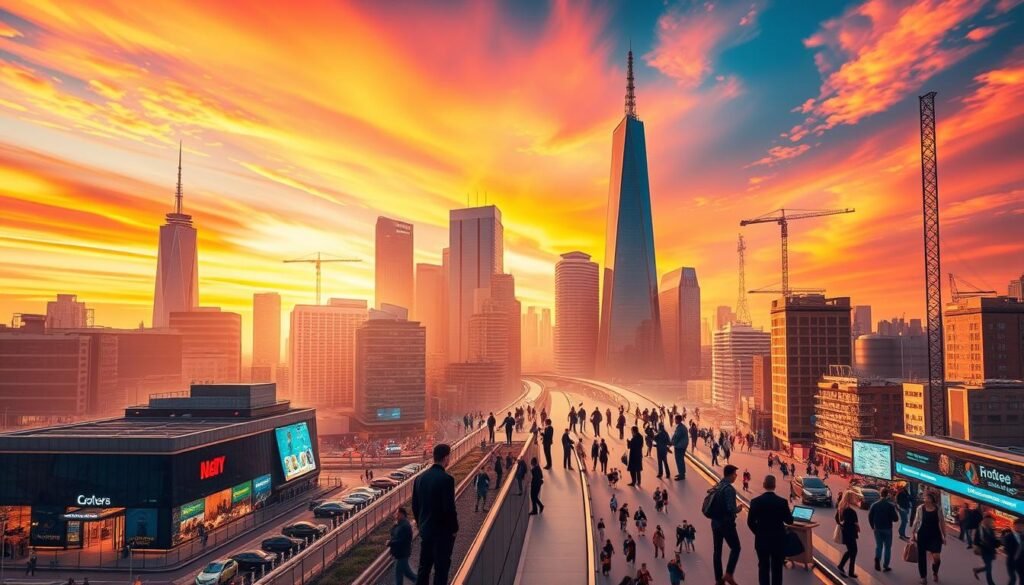 A dynamic and diverse scene showcasing the various tech sectors and functions. In the foreground, a bustling cityscape with modern skyscrapers and a vibrant street life, representing the different industries and roles within the tech ecosystem. In the middle ground, figures representing engineers, designers, data analysts, and executives, collaborating and innovating. The background features a vivid, gradient-filled sky, conveying a sense of energy, progress, and boundless potential. Warm, directional lighting illuminates the scene, creating depth and emphasizing the harmonious integration of the diverse elements. Captured with a wide-angle lens to encompass the breadth of the tech landscape, the overall composition conveys a sense of opportunity, creativity, and the transformative impact of the tech industry.