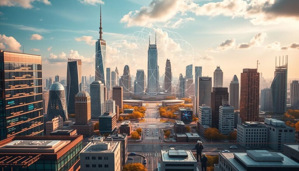 A dynamic cityscape with a central focus on a futuristic technology hub, showcasing a variety of risk mitigation strategies. In the foreground, sleek buildings and interconnected infrastructure, with holographic displays and automated security systems. The middle ground features a diverse workforce collaborating on digital transformation projects, surrounded by a network of sensors and data visualization tools. In the background, a towering cloud-like structure symbolizes the complex web of cyber threats and data vulnerabilities, contrasted by a grid of resilient backup systems and firewalls. Warm lighting casts an optimistic glow, conveying a sense of proactive risk management and technological progress. Shot from a slightly elevated angle, the scene conveys a comprehensive, holistic approach to technological risk mitigation. A dynamic cityscape with a central focus on a futuristic technology hub, showcasing a variety of risk mitigation strategies. In the foreground, sleek buildings and interconnected infrastructure, with holographic displays and automated security systems. The middle ground features a diverse workforce collaborating on digital transformation projects, surrounded by a network of sensors and data visualization tools. In the background, a towering cloud-like structure symbolizes the complex web of cyber threats and data vulnerabilities, contrasted by a grid of resilient backup systems and firewalls. Warm lighting casts an optimistic glow, conveying a sense of proactive risk management and technological progress. Shot from a slightly elevated angle, the scene conveys a comprehensive, holistic approach to technological risk mitigation.
