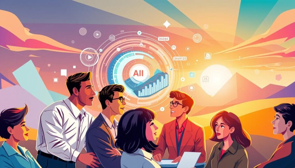A dynamic, colorful illustration depicting the concept of "gestión cultura reskilling". In the foreground, a group of diverse business leaders engaged in an interactive workshop, their expressions reflecting a sense of collaboration and transformative learning. In the middle ground, a swirling data visualization showcases insights and analytics, highlighting the power of AI-driven performance prediction. In the background, a vibrant, abstract landscape symbolizes the evolving business landscape, with geometric shapes and gradients evoking a sense of progress and innovation. The overall scene is illuminated by warm, directional lighting, creating a sense of energy and forward momentum, perfectly capturing the essence of "Gestión del cambio, cultura y reskilling de líderes".