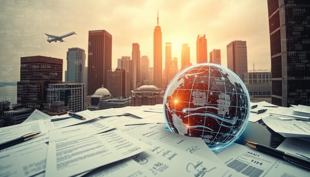 A dynamic composition showcasing the intricate world of international transactions, mergers, and cross-border operations. In the foreground, a mosaic of financial documents, signatures, and digital interfaces, symbolizing the complexities of navigating approvals and contractual clauses. The middle ground features a stylized globe, its surface pulsing with data streams and financial flows, representing the global scale of these endeavors. In the background, a sophisticated cityscape with towering skyscrapers, reflecting the sophisticated financial hubs that enable these high-stakes transactions. The entire scene is bathed in a warm, muted palette, conveying a sense of professionalism, expertise, and the gravity of the subject matter. Captured through a wide-angle lens, the image suggests the grand scale and interconnectedness of the financial world.