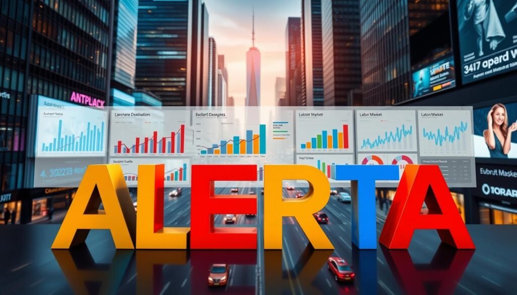 A dynamic, data-driven market analysis dashboard with charts, graphs, and infographics against a backdrop of a bustling, technology-driven cityscape. The foreground features bold typographic elements spelling out "ALERTA" in a vibrant, attention-grabbing color palette that conveys a sense of urgency and actionable insights. The middle ground showcases a diverse array of charts and data visualizations, highlighting key labor market trends and indicators. The background depicts a sleek, futuristic urban environment with towering skyscrapers, busy streets, and a hint of warm, directional lighting to create an atmosphere of professional, cutting-edge analysis.
