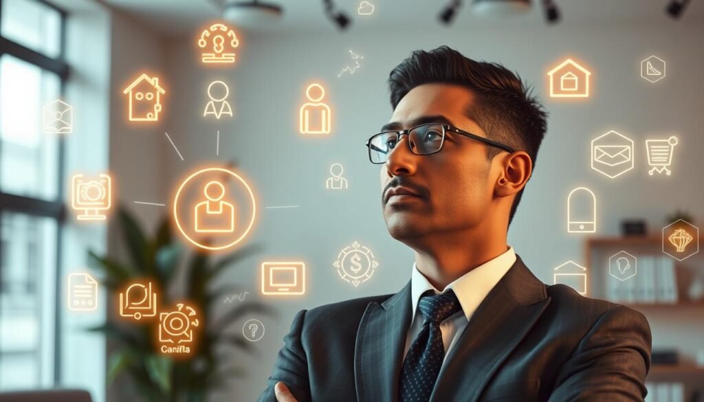 A dynamic executive in a thoughtful pose, surrounded by glowing symbols of personal growth and leadership development. The foreground features the executive, dressed in a sharp suit, deep in contemplation, their expression conveying a sense of purpose and determination. The middle ground is filled with abstract icons representing various skills, competencies, and areas of expertise - a visualization of the "autodesarrollo directivo" concept. The background depicts a softly lit, minimalist office space, hinting at the modern, non-traditional work environment. Soft, directional lighting casts a warm glow, setting a reflective, aspirational tone. Rendered with a fine attention to detail and a sense of balance between the executive, the skills, and the environment.