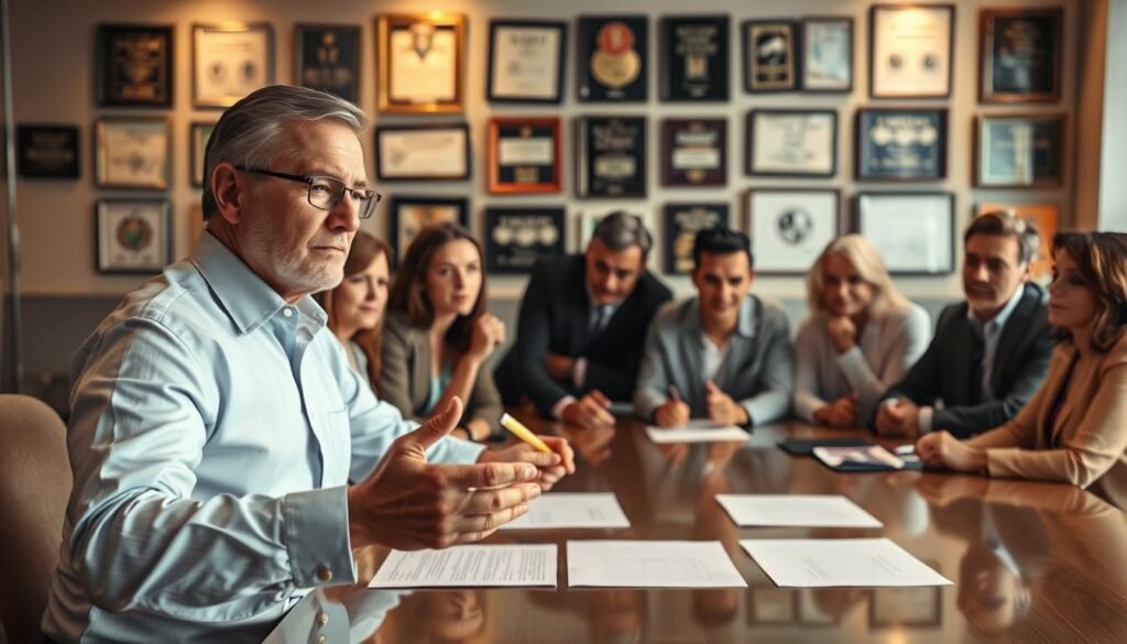 A dynamic executive leadership team gathered around a boardroom table, engaged in thoughtful discussion. In the foreground, a senior executive gesturing with purpose, conveying the importance of succession planning. The middle ground features a diverse group of stakeholders leaning in, their expressions pensive yet determined. In the background, a wall of framed company awards and accolades, symbolizing the organization's established success. The scene is illuminated by warm, focused lighting, creating an atmosphere of collaborative decision-making and strategic foresight. A sense of responsibility and careful consideration permeates the image, reflecting the gravity of the "liderazgo succession planning" process.