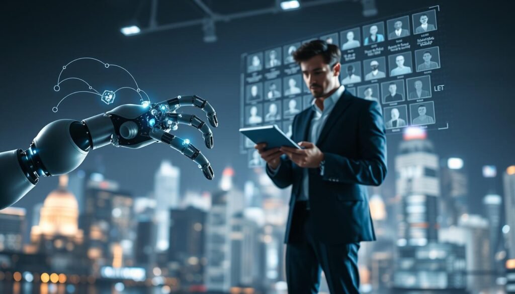 A dynamic, futuristic scene of artificial intelligence and traditional headhunting coexisting in the digital age. In the foreground, a sleek, minimalist robot arm extends, data streams flowing through transparent circuits. Opposite, a human recruiter stands, poised and focused, sifting through a holographic display of candidate profiles. The background is a blurred, luminous cityscape, hinting at the technological landscape transforming the recruitment industry. Dramatic lighting casts dramatic shadows, creating a sense of tension and collaboration between the two approaches. The scene conveys the power of AI-driven headhunting balanced with the human touch of traditional methods, shaping the future of talent acquisition.