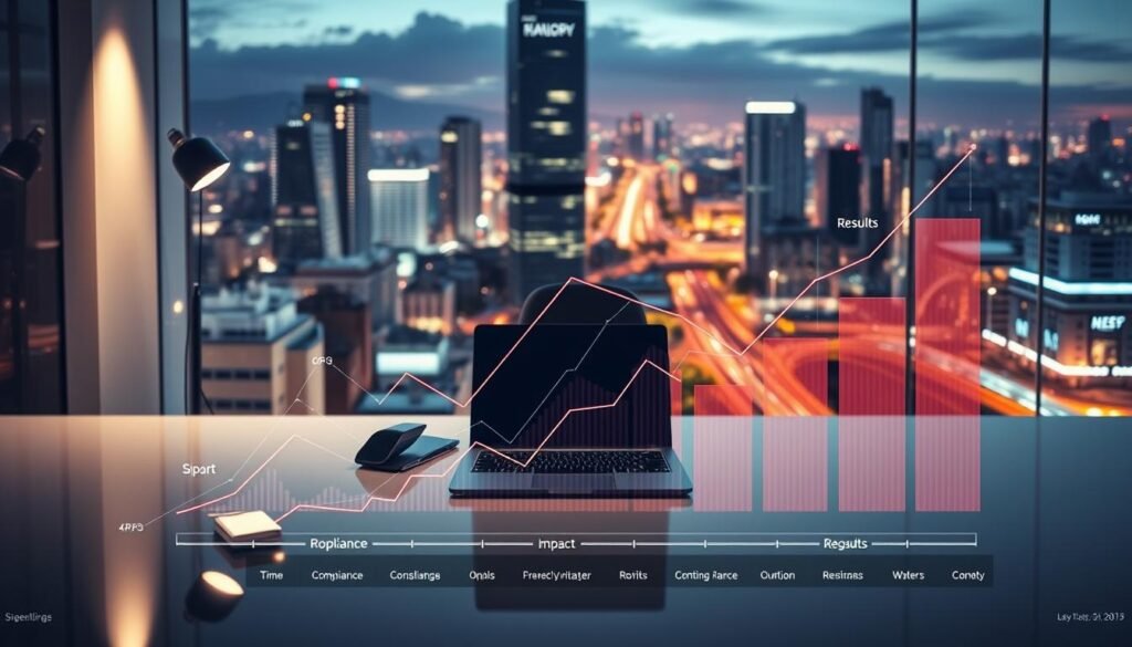 A dynamic, impactful visualization showcasing the power of fintech success metrics. In the foreground, an abstract data visualization depicting the key performance indicators - compliance, impact, and results - through a striking, dynamic composition of geometric shapes and energetic lines. The middle ground features a sleek, modern financial environment, with a minimalist desk, laptop, and office accessories. The background is a vibrant urban landscape, reflecting the bustling fintech ecosystem of Medellín. The lighting is dramatic, with a strong directional source illuminating the key elements and casting dynamic shadows. The overall mood is one of technological innovation, professional excellence, and a sense of forward momentum.