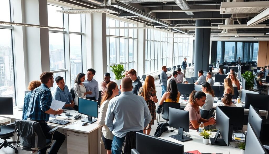 A dynamic office environment where employees collaborate productively, energized by natural lighting and sleek, ergonomic workstations. In the foreground, a group of diverse professionals engaged in animated discussions, exchanging ideas and sharing progress on digital screens. In the middle ground, an open-concept layout encourages cross-functional teamwork, with employees moving between communal tables and private nooks. The background features a panoramic view of a vibrant city skyline, conveying a sense of ambition and opportunity. The mood is one of focused efficiency, balanced with a hint of modern, urban sophistication.