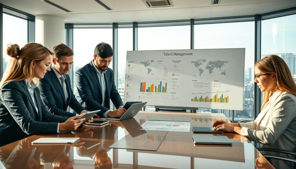 A dynamic office scene showcasing the concept of "talent management". In the foreground, a diverse team of professionals collaborate intently around a polished conference table, their expressions intent as they review data on sleek tablets and laptops. Soft, directional lighting illuminates their faces, conveying a sense of focus and determination. In the middle ground, a large whiteboard displays organizational charts and performance metrics, visualizing the intricate process of identifying, developing, and deploying top talent. The background features floor-to-ceiling windows offering a panoramic view of a bustling city skyline, symbolizing the global scope of the executive search firm's operations. An atmosphere of professionalism, innovation, and strategic vision permeates the scene.