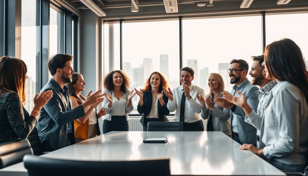 A dynamic office setting with a team of professionals engaged in a lively discussion, their faces alight with enthusiasm. Soft natural lighting filters in through large windows, casting a warm glow over the scene. In the foreground, a diverse group of coworkers gesticulate animatedly, their body language exuding a sense of camaraderie and success. The middle ground features a sleek, modern conference table, surrounded by high-backed chairs. The background showcases a vibrant city skyline, hinting at the company's regional expansion. The overall atmosphere conveys a feeling of achievement, collaboration, and a strong company culture.