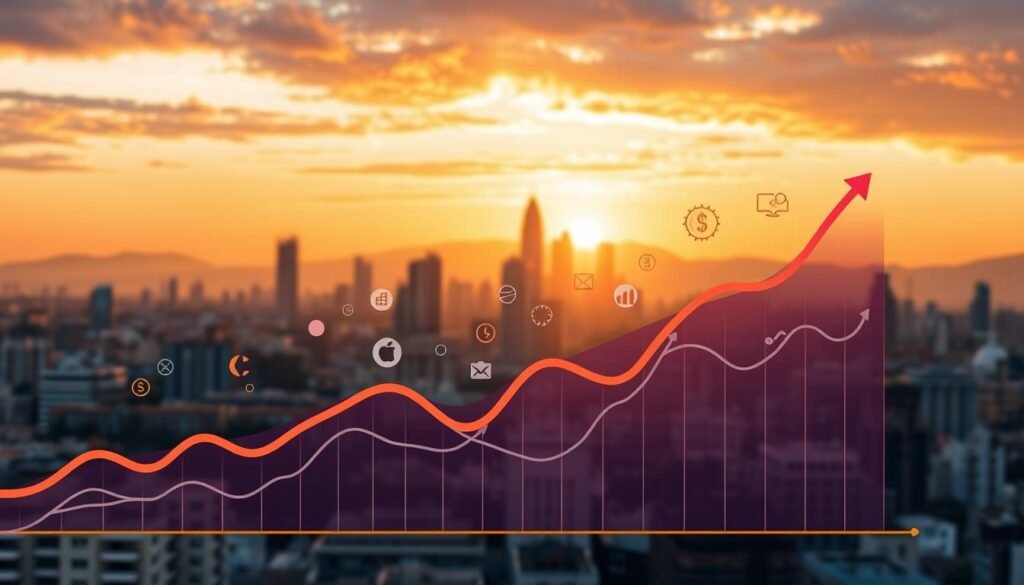 A dynamic visual representation of cash flow for a SaaS company in Colombia. In the foreground, a stylized graph depicting revenue-based financing trends, with fluid lines and vivid colors. In the middle ground, abstract shapes and icons symbolizing business operations, investment, and growth. In the background, a cityscape skyline of Bogotá, bathed in warm, golden lighting, conveying a sense of prosperity and progress. The overall composition should convey a balance of data-driven insights and aspirational business success, suitable for a practical guide on implementing revenue-based financing. A dynamic visual representation of cash flow for a SaaS company in Colombia. In the foreground, a stylized graph depicting revenue-based financing trends, with fluid lines and vivid colors. In the middle ground, abstract shapes and icons symbolizing business operations, investment, and growth. In the background, a cityscape skyline of Bogotá, bathed in warm, golden lighting, conveying a sense of prosperity and progress. The overall composition should convey a balance of data-driven insights and aspirational business success, suitable for a practical guide on implementing revenue-based financing.